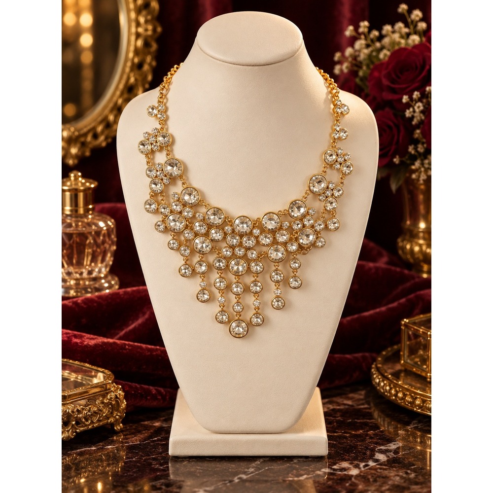 Gold Tone Crystal Bib Statement Necklace Clear Faceted Round Stone Drop Tiered